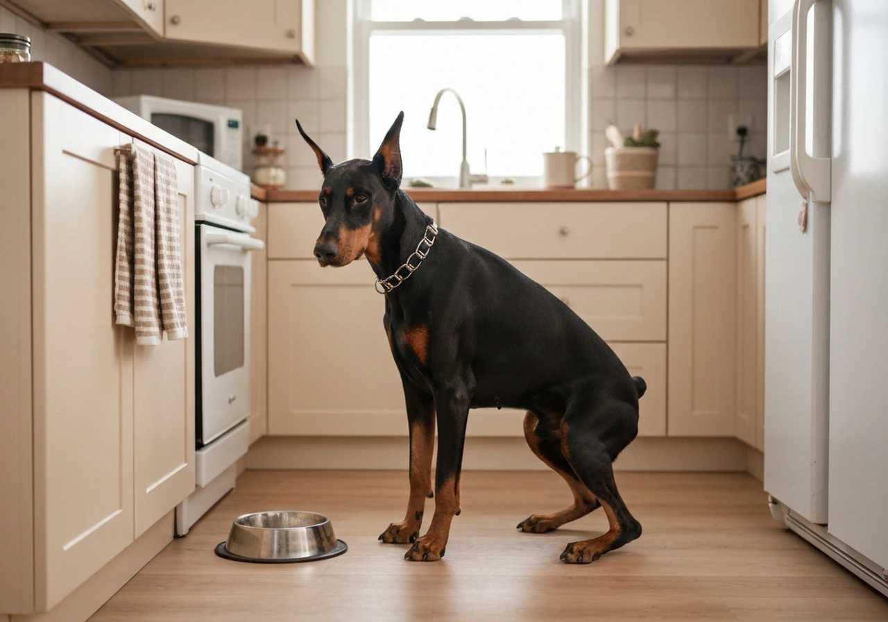 Dobermann at feeding time